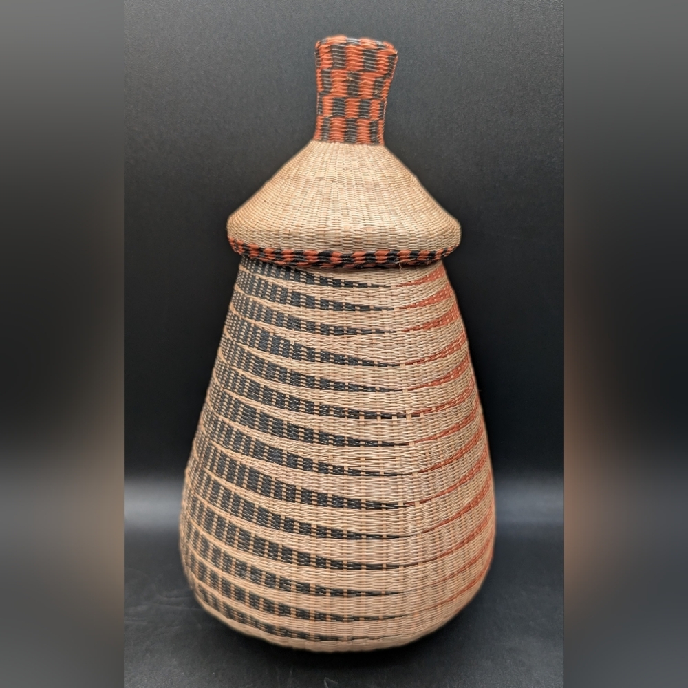Tutsi Basket Lidded Tight Weave Woven African Jar Rwanda African Folk Art 2 Tone